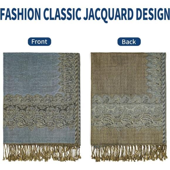 Paisley Pashmina Shawls  Wraps with Fringe Peacock Blue - Picture 4 of 4